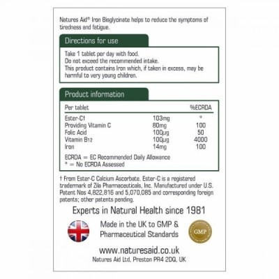 Natures Aid Iron Bisglycinate with Ester C Vitamin B12 Folic Acid 90 Tablets