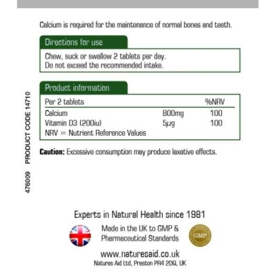 Natures Aid Calcium (Chewable) 400mg (with Vitamin D3) 60 Tablets