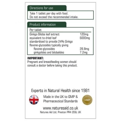 Natures Aid Ginkgo Biloba 120mg (6000mg equiv) 90 Tablets