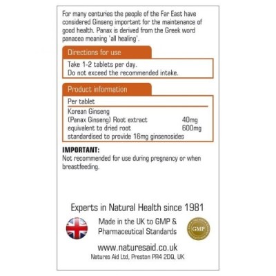 Natures Aid Korean Ginseng 40mg (600mg equiv) 90 Tablets