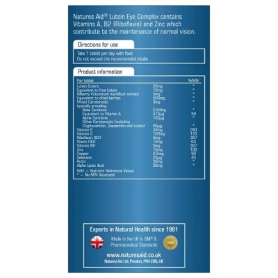 Natures Aid Lutein Eye Complex with 10mg Lutein Bilberry and Alpha Lipoic Acid 90 Tablets