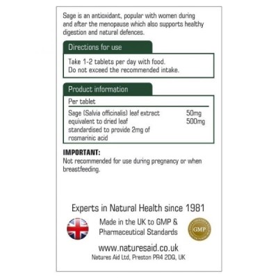Natures Aid Sage Leaf 50mg (500mg equiv) 90 Tablets