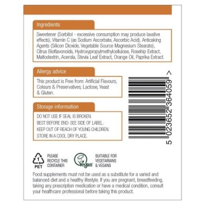 Natures Aid Vitamin C 500mg Sugar Free Chewable (with Rosehips & Citrus Bioflavonoids) 50 Tablets