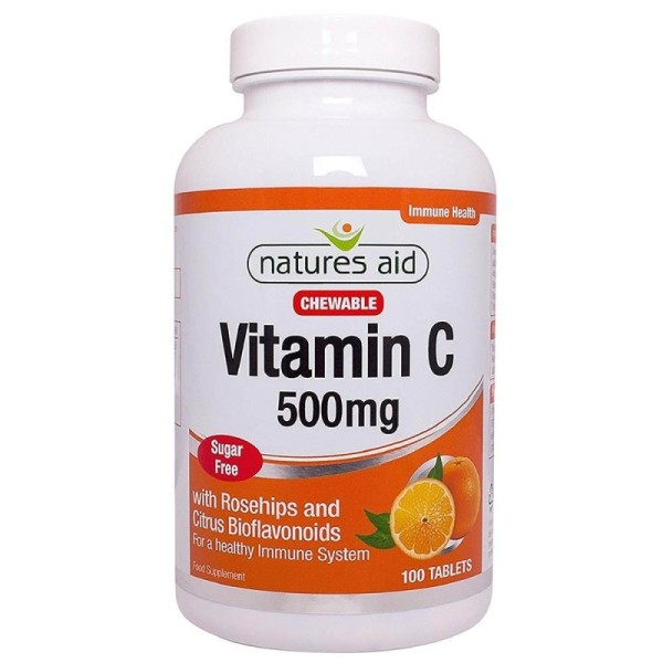 Natures Aid Vitamin C 500mg Sugar Free Chewable (with Rosehips & Citrus Bioflavonoids) 100 Tablets