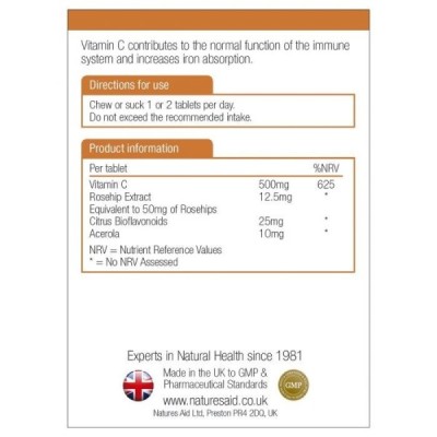 Natures Aid Vitamin C 500mg Sugar Free Chewable (with Rosehips & Citrus Bioflavonoids) 100 Tablets