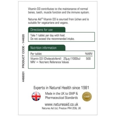Natures Aid Vegan Vitamin D3 1000iu (25ug) 60 Tablets