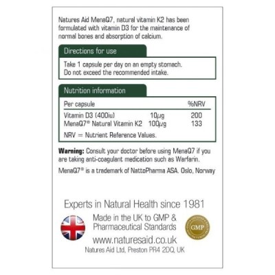 Natures Aid Vitamin K2 (100ug) MenaQ7 (with Vitamin D3) 30 Vcaps