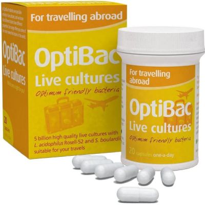 Buy Optibac Probiotics For Travelling Abroad 20 veg capsules from Mulberry Wholefoods online UK Supplier.