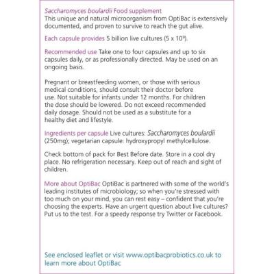 Buy Optibac Probiotics Saccharomyces Boulardii (Bowel Calm) 40 veg capsules from Mulberry Wholefoods online UK Supplier.