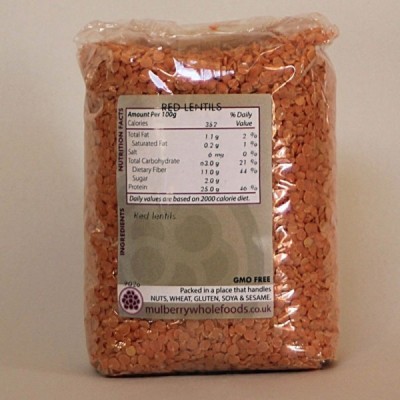 Buy Mulberry Bush Wholefoods Organic Red Lentils 500g Dried Beans & Pulses Online − UK Supplier